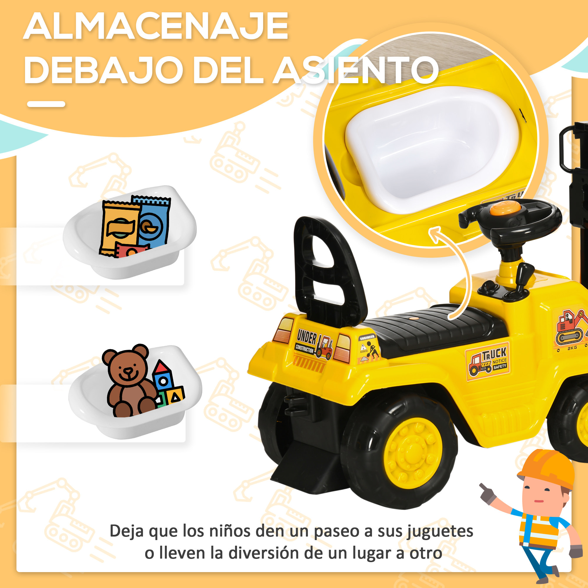 Tractor sin Pedales para Niños de +3 Años Carretilla Elevadora de Juguete con Horquilla Móvil Bocina y Asiento de Alamcenaje Oculto Carga 30 kg 86x27,5x47,5 cm Amarillo