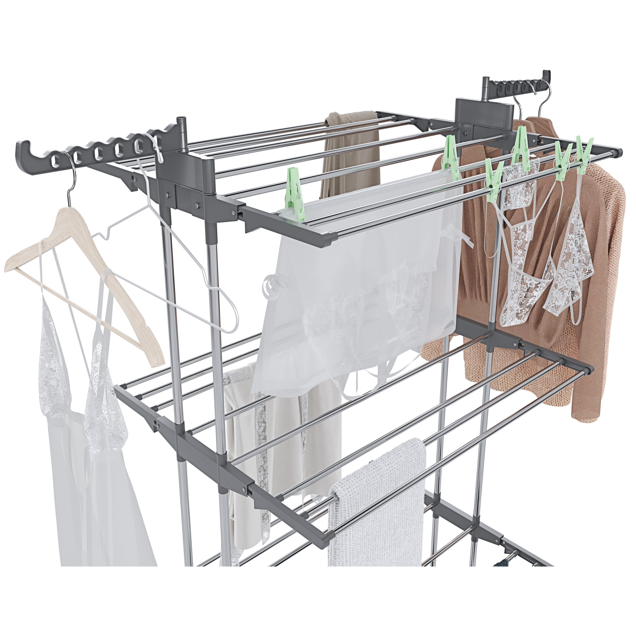 Stendibiancheria A Rotelle Stendino A Torre Verticale In Acciaio E ABS 4 Piani Pieghevole Salvaspazio Con Ali Richiudibile Biancheria Interno Grigio