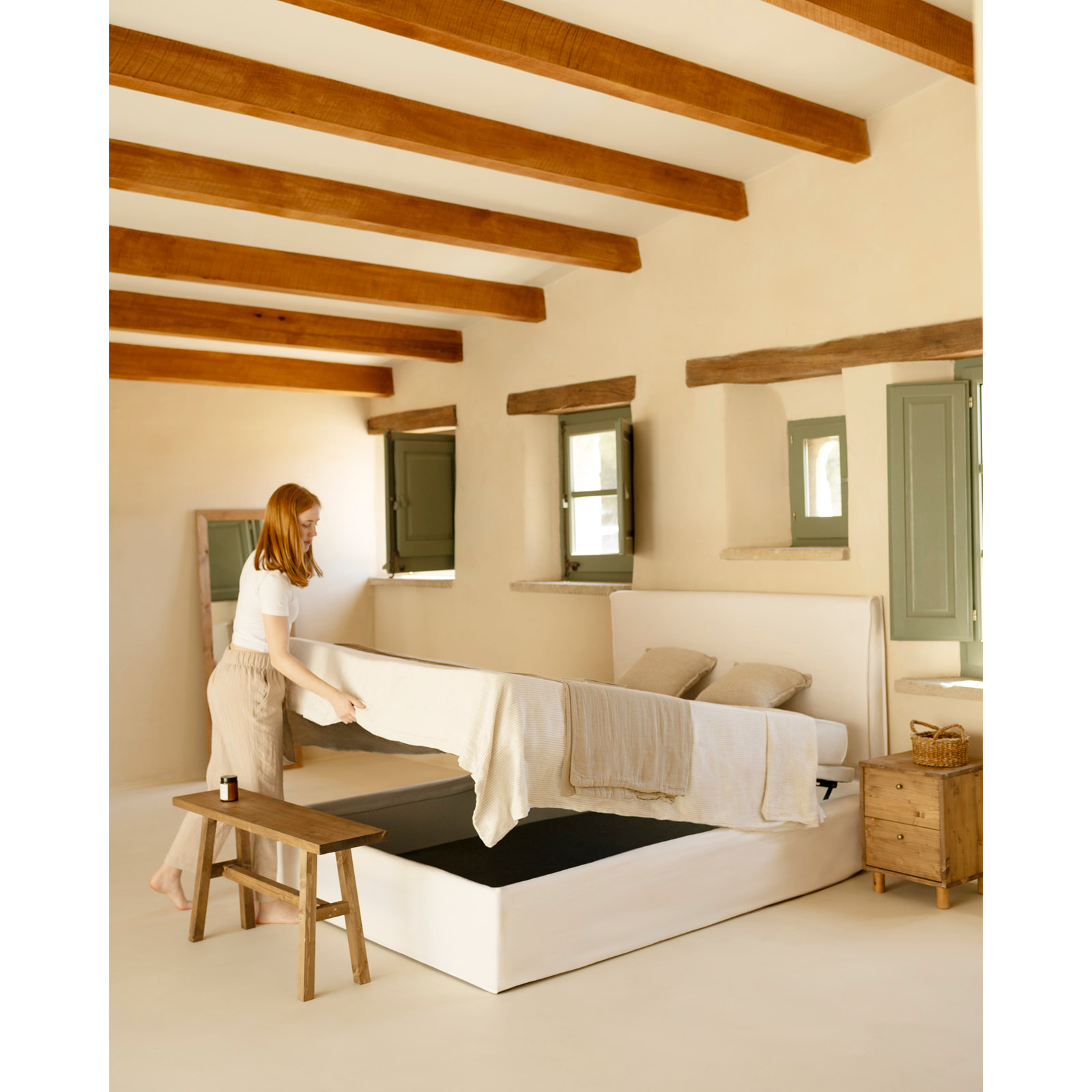 Cama con canapé desenfundable de lino blanco para colchón de varias medidas