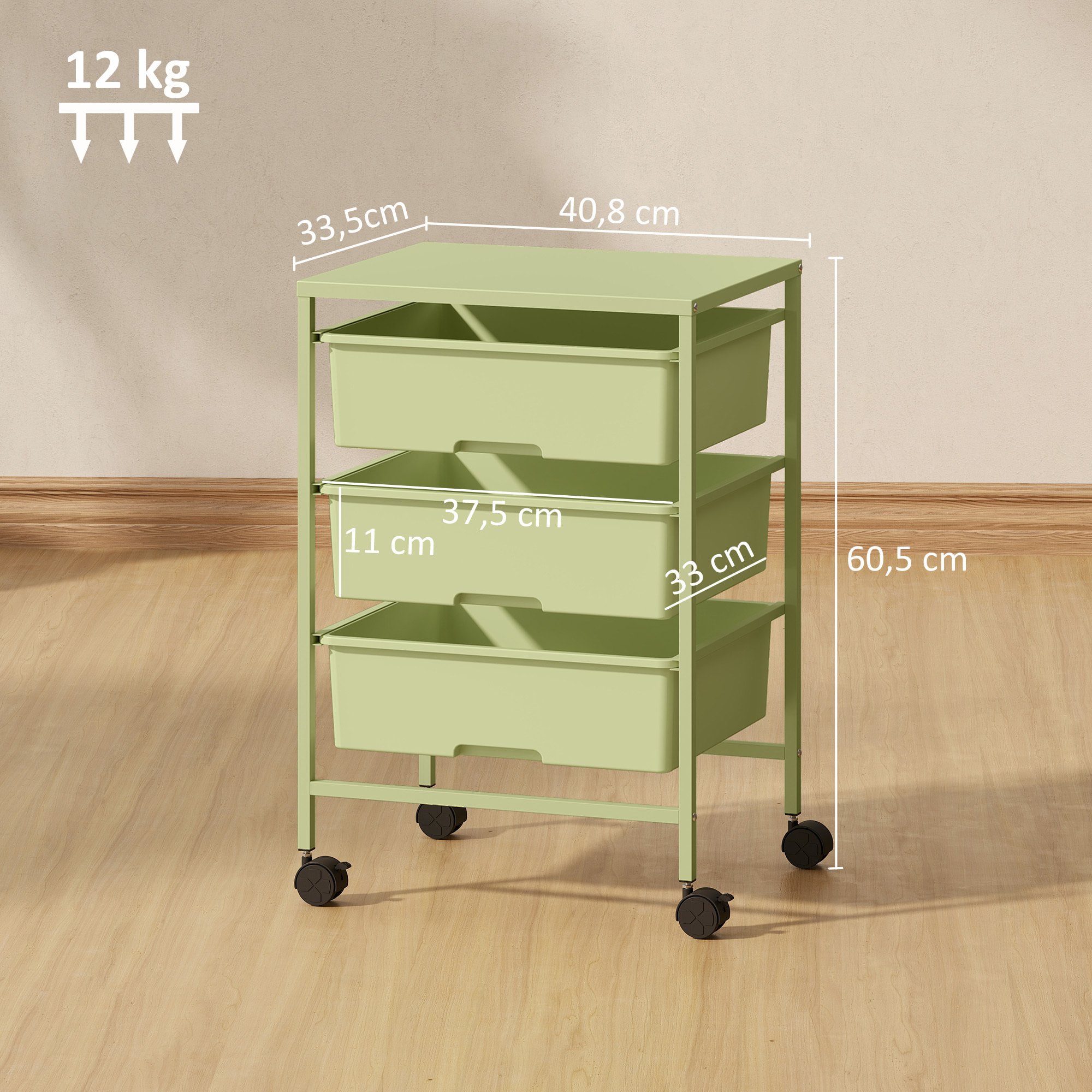 Carrito de Almacenamiento de 4 Niveles, Carrito de Cocina con Ruedas, 3 Cestas, Tablero y Marco de Acero, para Salón, Baño, Oficina, 40,8x33,5x60,5 cm, Verde