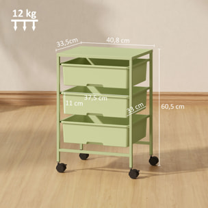 Carrito de Almacenamiento de 4 Niveles, Carrito de Cocina con Ruedas, 3 Cestas, Tablero y Marco de Acero, para Salón, Baño, Oficina, 40,8x33,5x60,5 cm, Verde