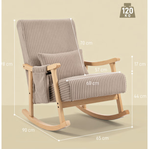 Silla Mecedora, Mecedora de Pana con Cojín Lumbar, Patas y Reposabrazos de Madera de Caucho, Bolsillo, Estilo Moderno, Sillón de Lactancia, Carga 120 kg, para Dormitorio, Salón, Marrón Claro