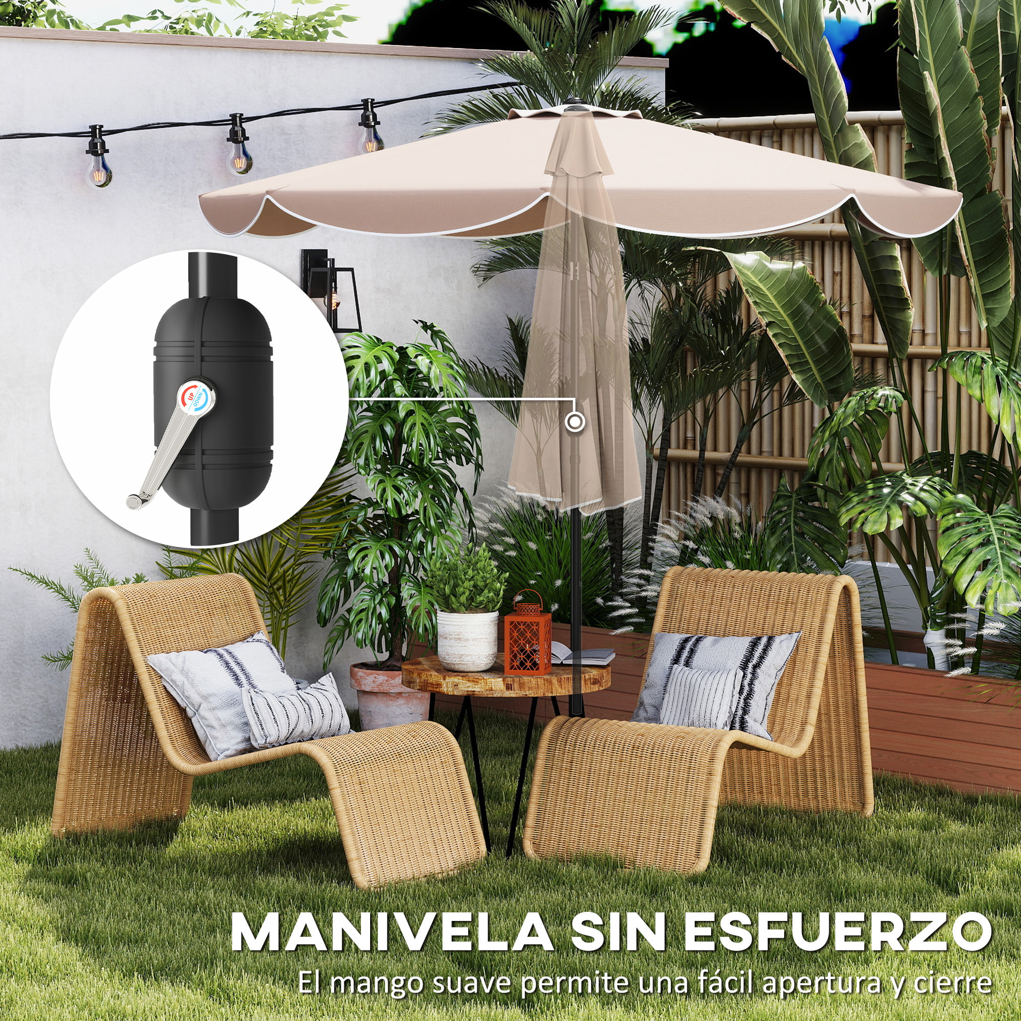Sombrilla Terraza Exterior, Ø2,7 m, Sombrilla de Jardín con Inclinación Ajustable 3 Posiciones, Manivela y Volantes, Impermeable, Parasol para Playa, Patio, Terraza, Caqui