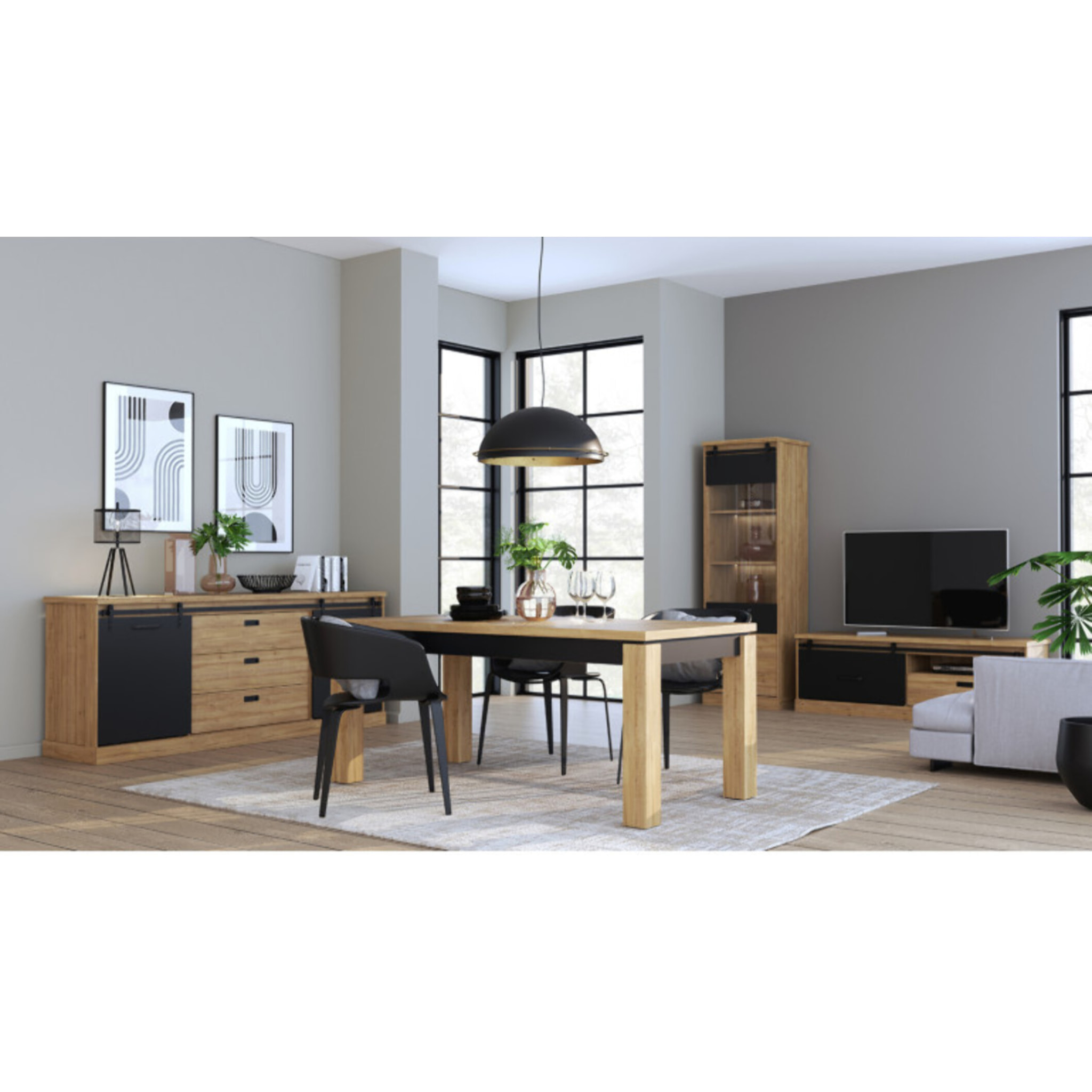 Table extensible 160/206cm en bois effet chêne & noir - FACTORY