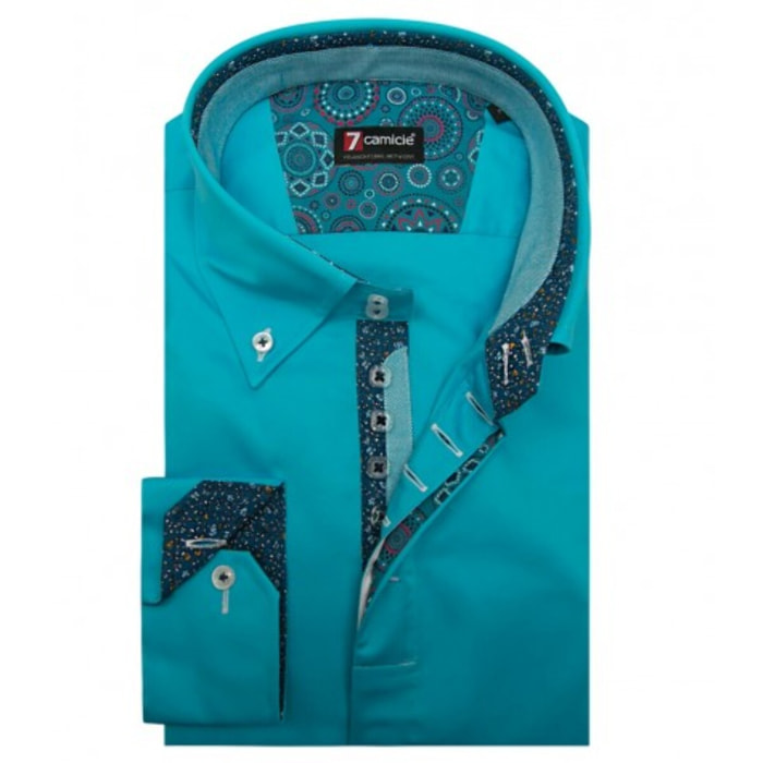 Camicia Uomo 2 Bottoni Button Down Slim Satin Unito Turchese Chiaro