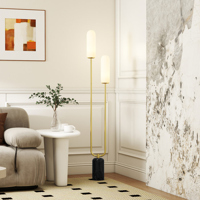 Lampadaire design art déco H.150 cm effet marbre noir métal doré verre dépoli blanc