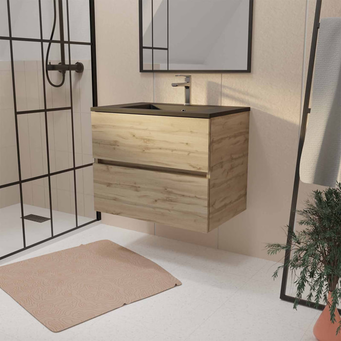 Meuble de salle de bains suspendu 70 cm TIMBER - Décor Chêne Naturel 2 tiroirs avec Vasque noire