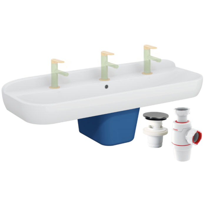 Lavabo pour enfant Sento Kids 125 cm + cache siphon bleu + siphon et bonde