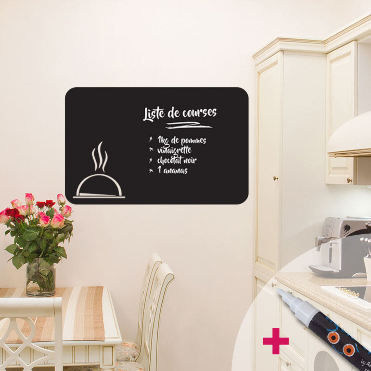 Sticker ardoise tableau noir - stickers muraux adhésif effaçable - CLASSIQUE PLAT DE CUISINE + CRAIE LIQUIDE BLANCHE