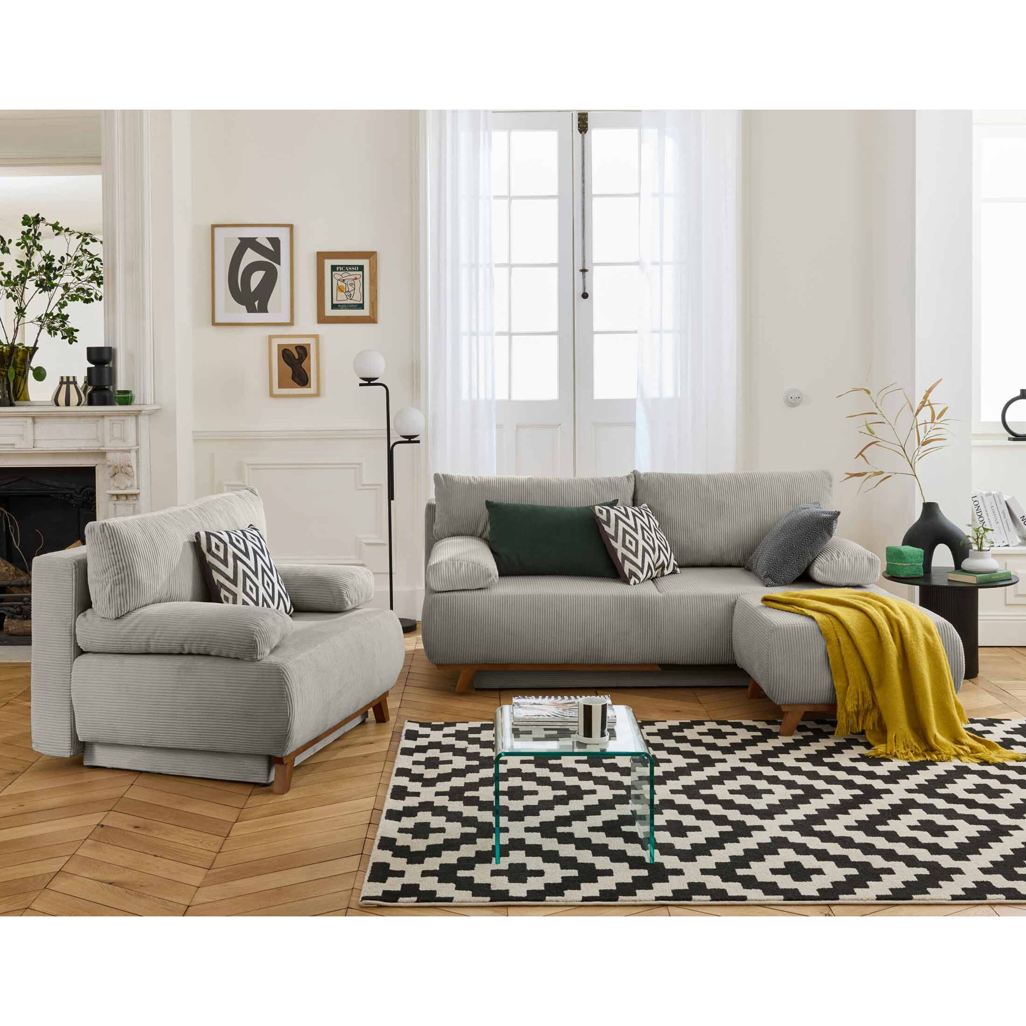 Cristal - canapé 3 places - convertible avec coffre et pouf - en velours côtelé - Gris clair