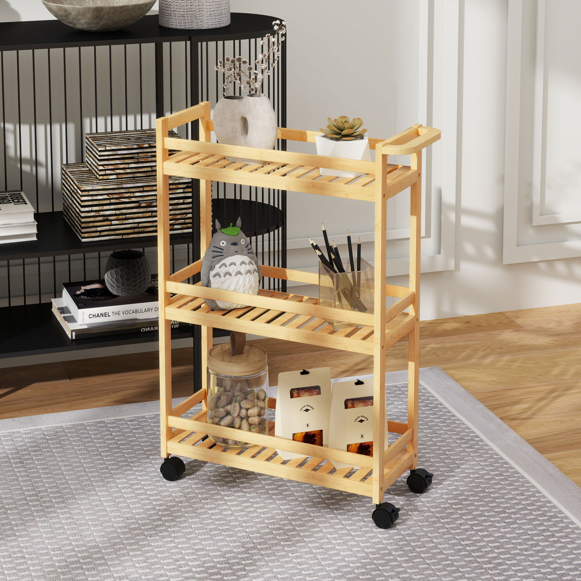 Carrito Auxiliar con Ruedas de Bambú, Carrito de Cocina Estrecho de 3 Niveles con Asa, para Salón, Baño, Espacios Pequeños, 55x20x75 cm, Natural