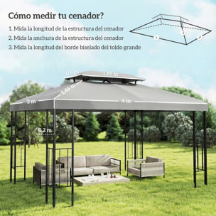 Techo de Repuesto para Cenador, 4x3 m, Cubierta de Repuesto con Techo Doble, 10 Orificios de Drenaje y Protección UV, SOLO Toldo de Recambio para Pabellón Gazebo, Gris Claro