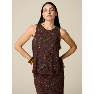 Oltre - Top in tulle con paillettes - Marrone
