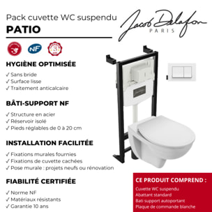 Pack cuvette WC suspendu sans bride Patio avec abattant + bâti support + plaque