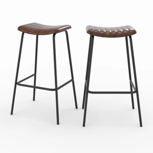 Lot de 2 tabourets de bar 77 cm en cuir marron et pieds en métal - Lupin