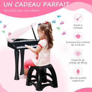 Jouet musical piano électronique - tabouret, micro et support - clavier 37 touches, effet lumineux, nombreux modes - PP noir