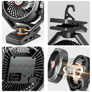 Ventilatore S01 con motore senza spazzole, LED con 8 luci, 4 velocità, 3 livelli di luce e timer. Angolo regolabile di 180º con oscillazione, gancio/morsa per appendere e powerbank di 10400 mAh.