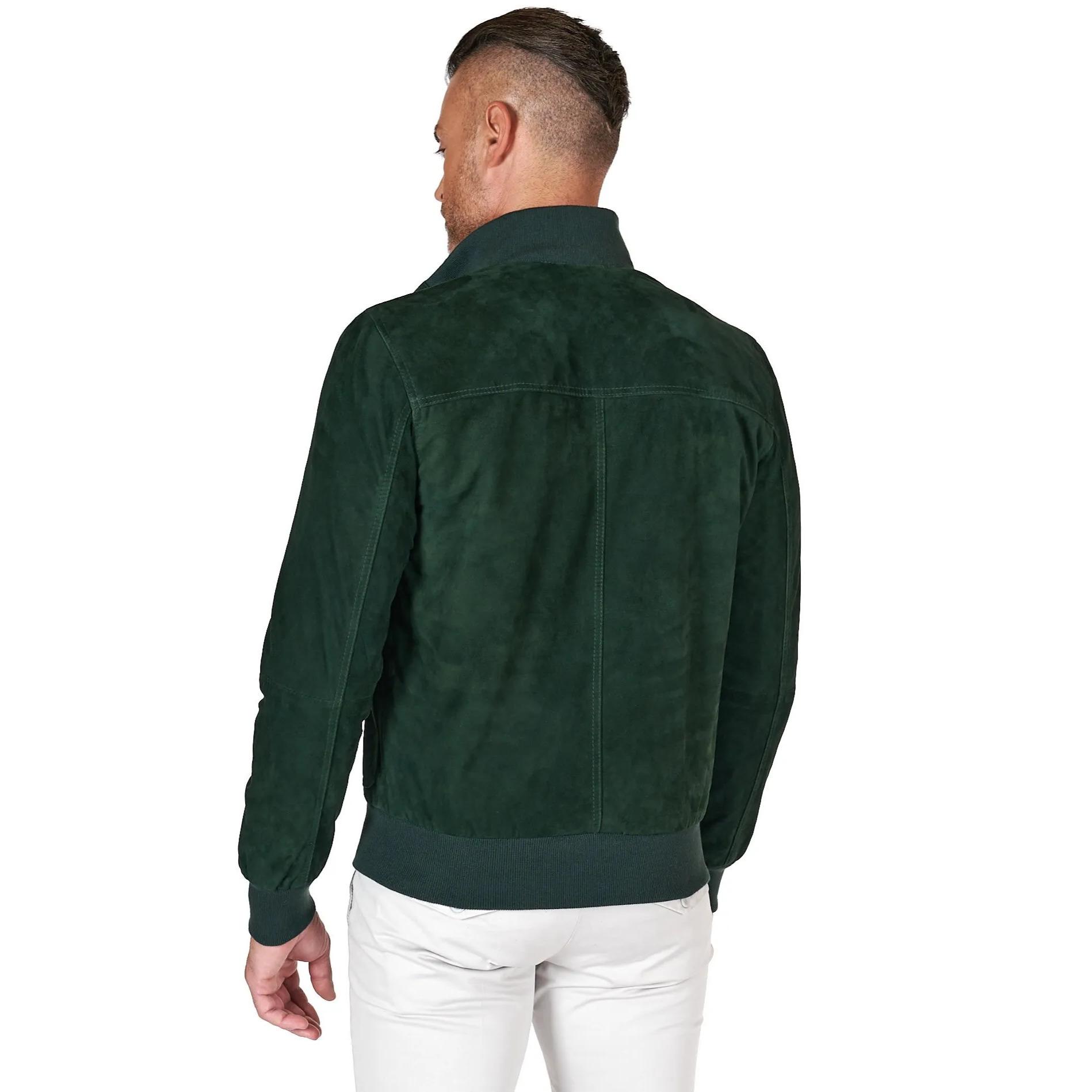 Giacca bomber in pelle camoscio verde con bottoni e tasconi