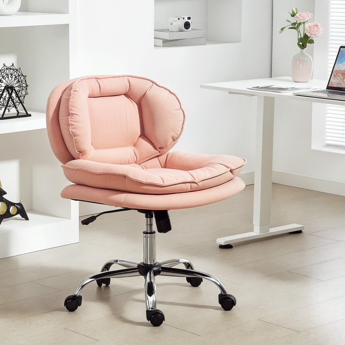 Silla de Oficina Piernas Cruzadas, Silla de Escritorio sin Brazos con Asiento Ancho, Ruedas, Altura Ajustable, Doble Acolchado, Giratoria, Función Basculante, Tapizada en PU, Rosa