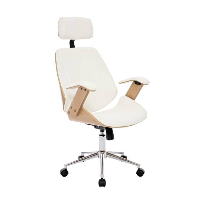 Chaise de bureau à roulettes décor bois courbé placage effet chêne et simili cuir blanc