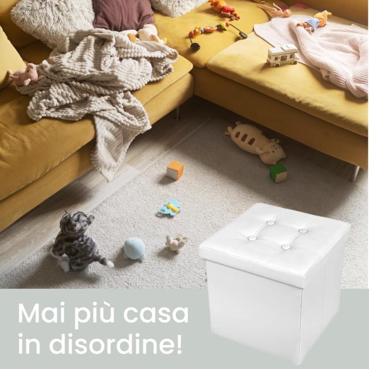 Pouf Contenitore Quadrato in Ecopelle, Pouf Poggiapiedi Imbottito in simil Pelle