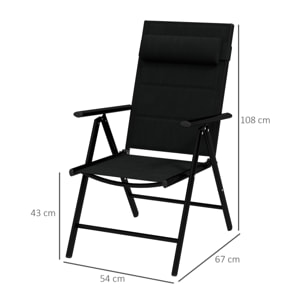 Lot de 2 chaises de jardin pliantes avec accoudoirs alu teslin rembourré déperlant noir