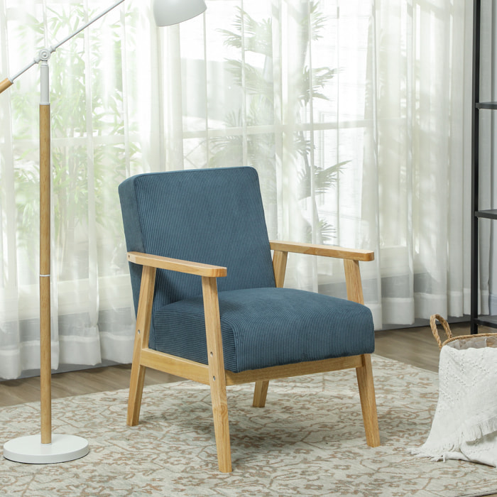 Fauteuil lounge style nordique piètement structure accoudoirs bois hévéa velours côtelé bleu