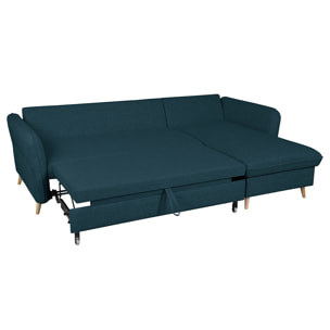 Canapé d'angle convertible réversible avec coffre 3-4 places en tissu bleu océan et bois clair DRISS