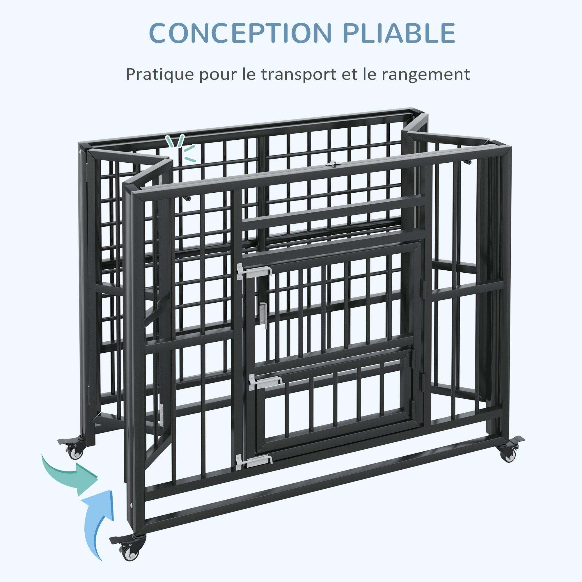 Pawhut - Cage pour chien animaux cage de transport sur roulettes pliable 3 portes  verrouillables plateau amovible acier noir