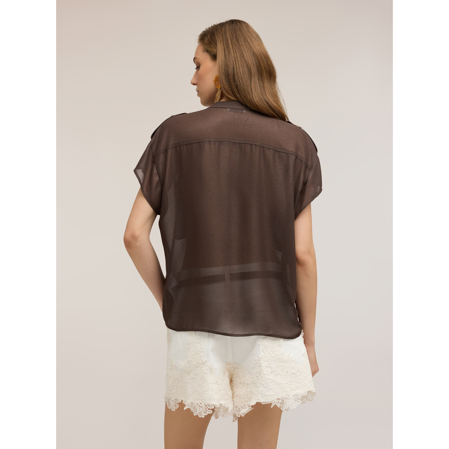 Motivi - Camicia in georgette laminata con tasche - Marrone