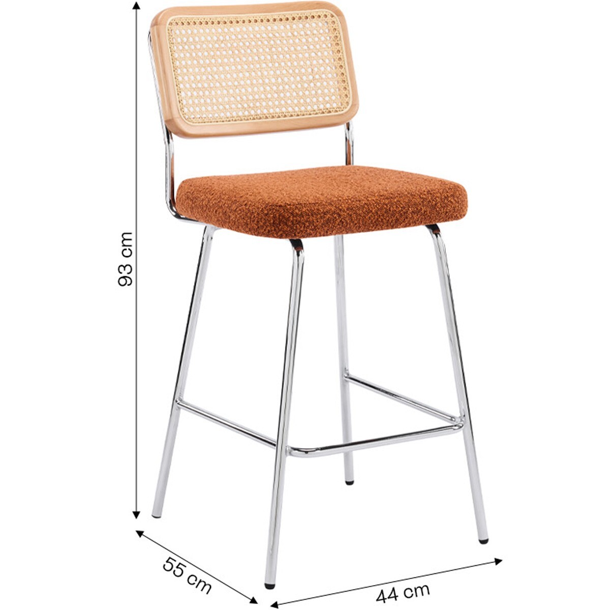 Lot de 2 chaises de bar en cannage et tissu bouclé, piètement chromé - MUSE