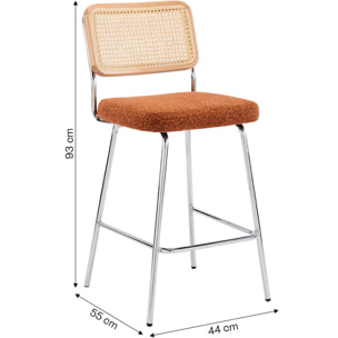 Lot de 2 chaises de bar en cannage et tissu bouclé, piètement chromé - MUSE