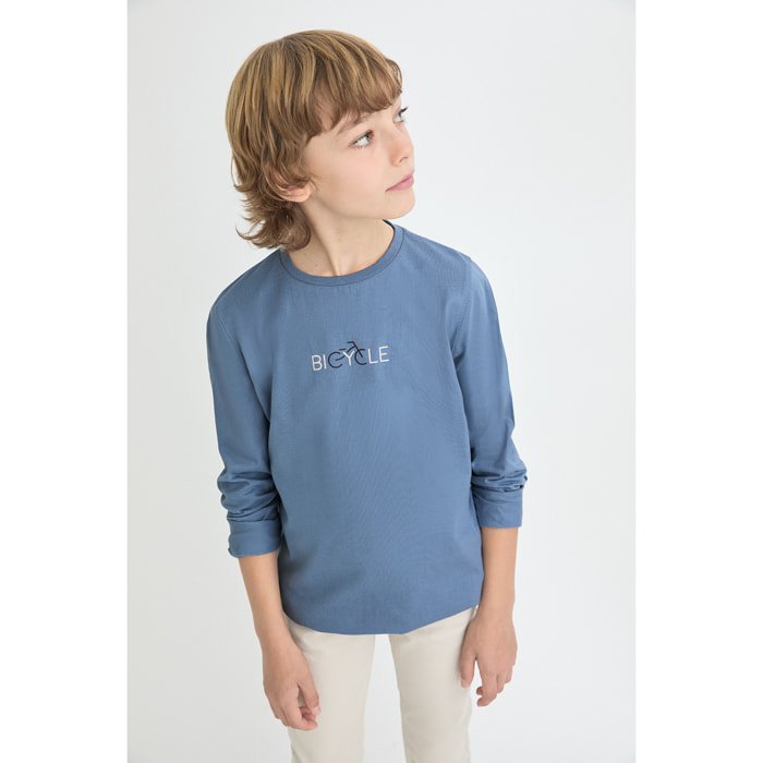 Camiseta niño azul de manga larga, estampado de bicicleta en el pecho, tejido suave y cómodo | Color: Azul medio | Street Monkey