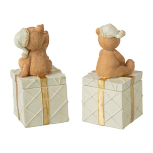 J-Line Ours cadeau - polyrésine - camel - assortiment de 2