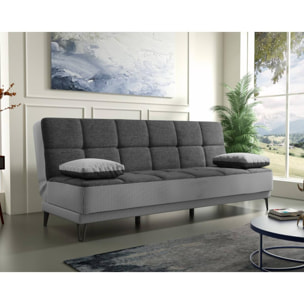 Divano letto Jordi, Divano letto a 3 posti con piedini in metallo nero , Sofà da soggiorno in tessuto imbottito con apertura click-clack, 190x87h97 cm, Grigio