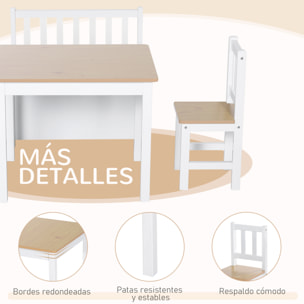 Conjunto de Mesa 2 Sillas y Banco para Niños de Madera con Espacio de Almacenamiento Muebles Infantiles para Sala de Juegos Habitación de Niños Blanco y Natural