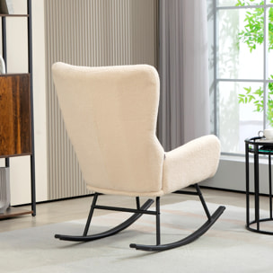 Fauteuil à bascule rocking chair style néo-rétro acier noir effet laine bouclée beige clair