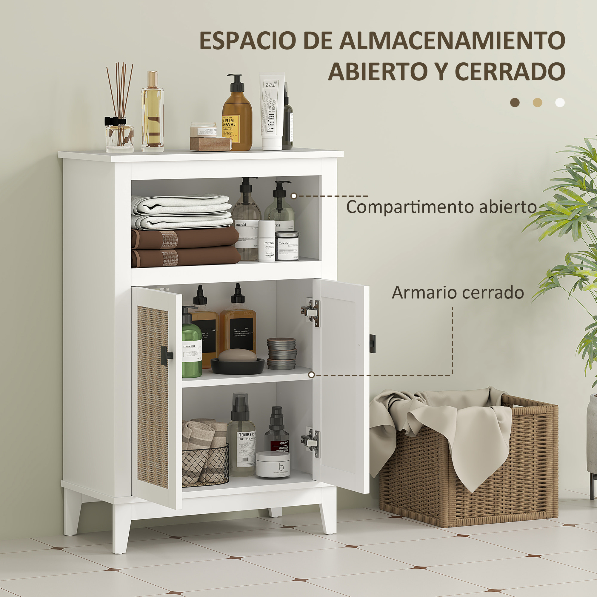Mueble Auxiliar de Baño con 2 Puertas con Frontal de Ratán Armario de Baño con Estante Ajustable y Compartimento Abierto 60x30x90 cm Blanco