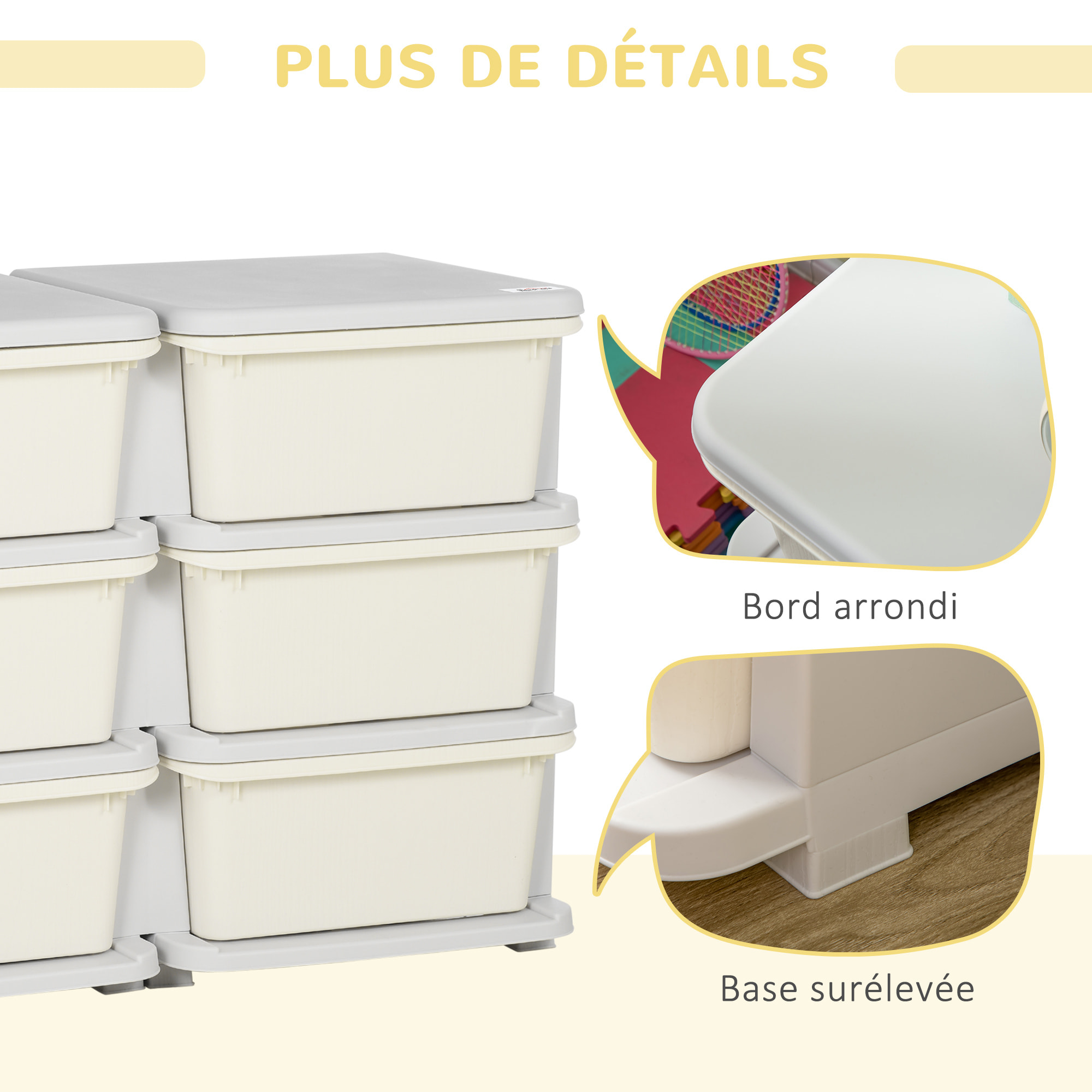 Organisateur de jouets enfant 6 tiroirs 3 niveaux gris clair crème