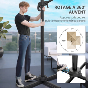 Parasol déporté pivotant inclinable 3 x 3 m alu métal polyester kaki