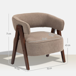Butaca de Salón Tapizada en Borreguito, Sillón de Lectura Acolchado Grueso y Moderno, Asiento Ancho, Patas de Madera, Respaldo Curvado, para Dormitorio, Oficina, Marrón Claro