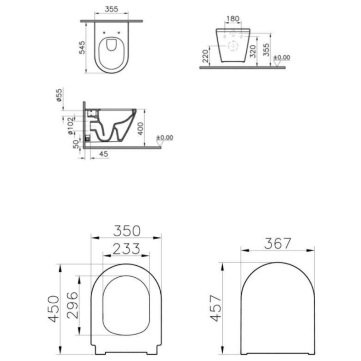 Set Integra WC sans bride + Abattant avec frein de chute en Duroplast + bidet suspendu et trop-plein, 35,5x54 cm, blanc