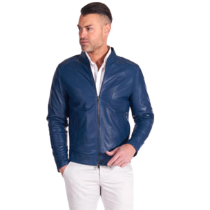 Giacca in pelle naturale colore blu denim con cerniera