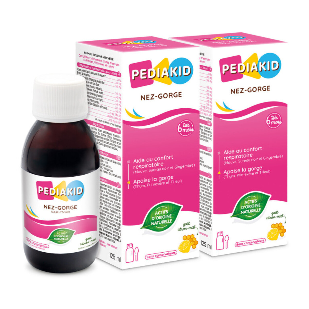 PEDIAKID - Sirop Nez-Gorge - Complément Alimentaire Naturel - Formule Exclusive au Sirop d'Agave - Confort Respiratoires - Arôme Naturel Miel-Citron - Lot de 2 sirops de 125ml