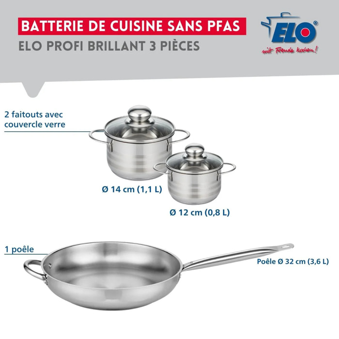 Ensemble de 1 Poêle de cuisson 32 cm et 2 faitouts 12 et 14 cm Elo Profi Brillant
