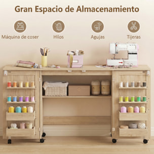 Mesa de Costura Plegable con 6 Ruedas, Mueble para Máquina de Coser con 20 Clavijas para Hilos, 4 Compartimentos, Estante, Armario de Costura para Estudio, Salón, Dormitorio, Roble