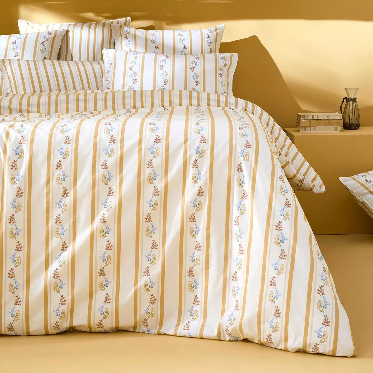 Lot de 2 taies percale de coton lavé rayé jaune beige Honfleur paille