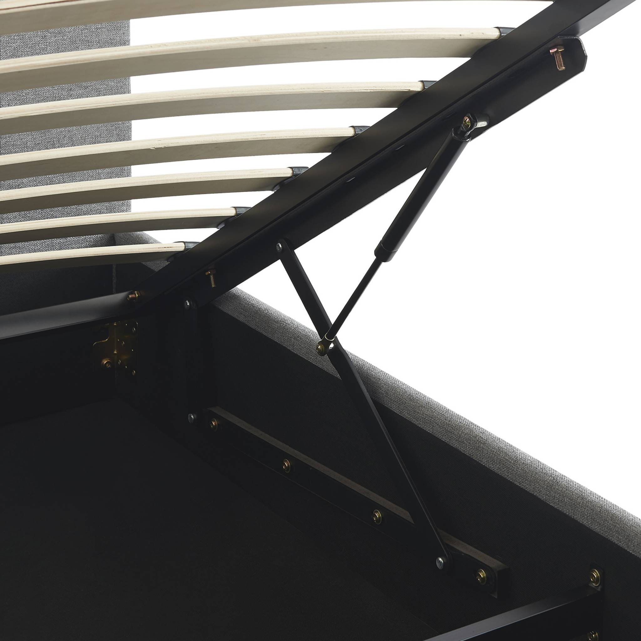 Lit coffre avec sommier à lattes et tête de lit. finition tissu gris clair. L 202 x P 97.5 x H 86cm