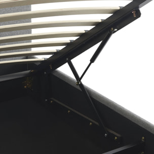 Lit coffre avec sommier à lattes et tête de lit. finition tissu gris clair. L 202 x P 97.5 x H 86cm