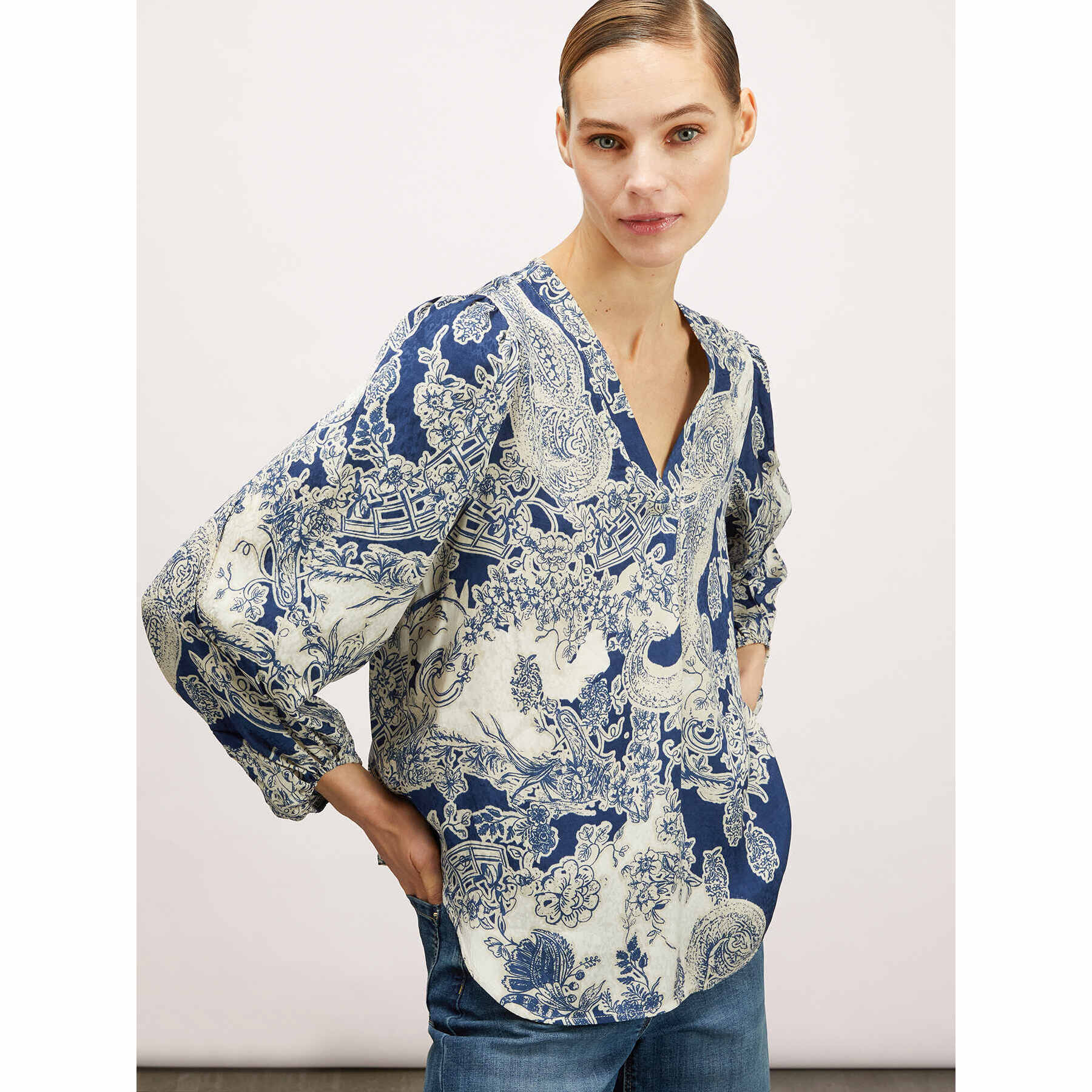 Motivi - Blusa jacquard escote de pico - Azul